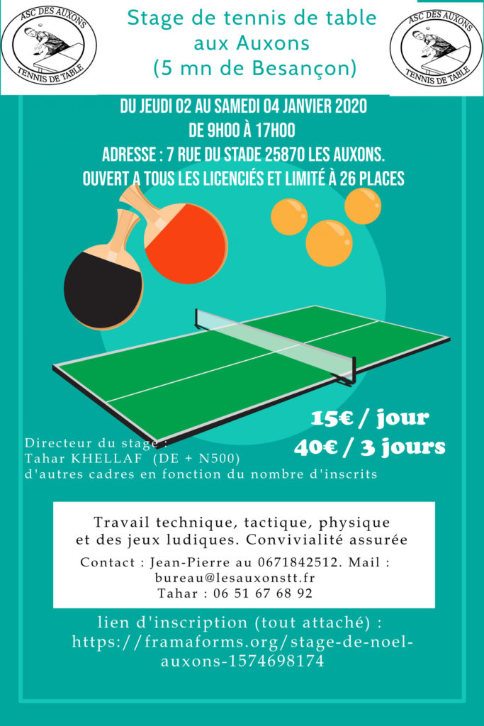 Stages de fin dannée Comité du Doubs de Tennis de Table